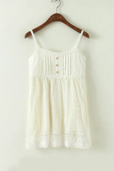 

New Arrival Sweet Spaghetti Straps Buttons Down Front Lace Patched, White