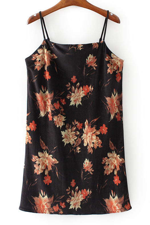 

Sexy Floral Printed Spaghetti Straps Sleeveless Mini Cami Dress, Black