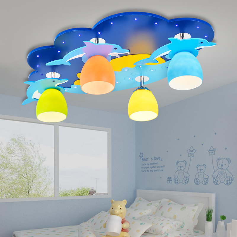 Cute Dolphin/Moon Ceiling Lamp with Glass Shade Children Room 4 Lights Flush Light in Blue - Beautifulhalo.com