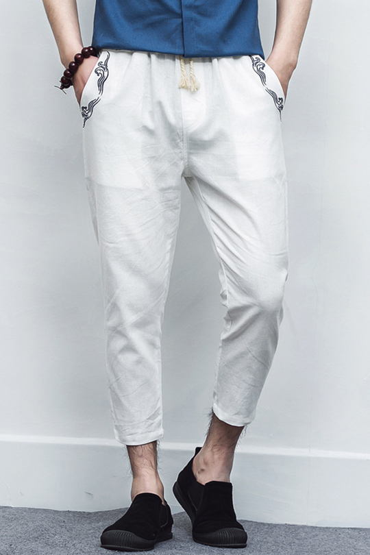 ZXFHZS Mens Plaid Cotton Linen Drawstring Fashion Pocket Capri Pants 