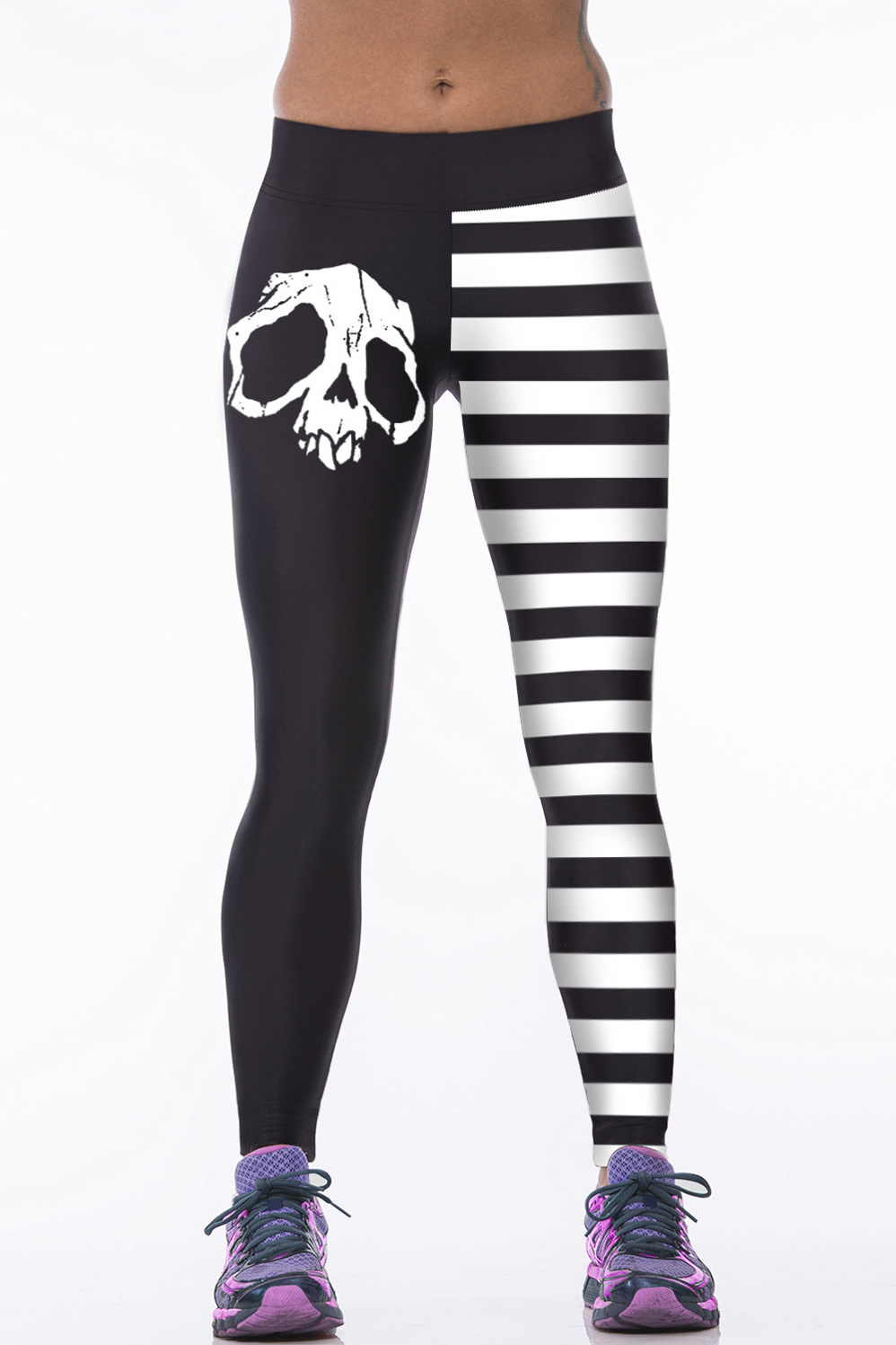 

Color Block Skull Print Stripes Elastic Waist Leggings, Black