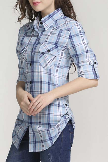 

Women's Mid-Long Style Roll-Up Sleeve Plaid Shirt, Blue