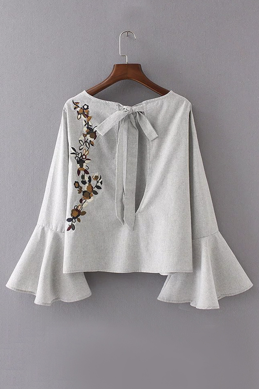 

Women's Fashion Flare Sleeve Tie Back Floral Embroidery Casual Blouse, Gray