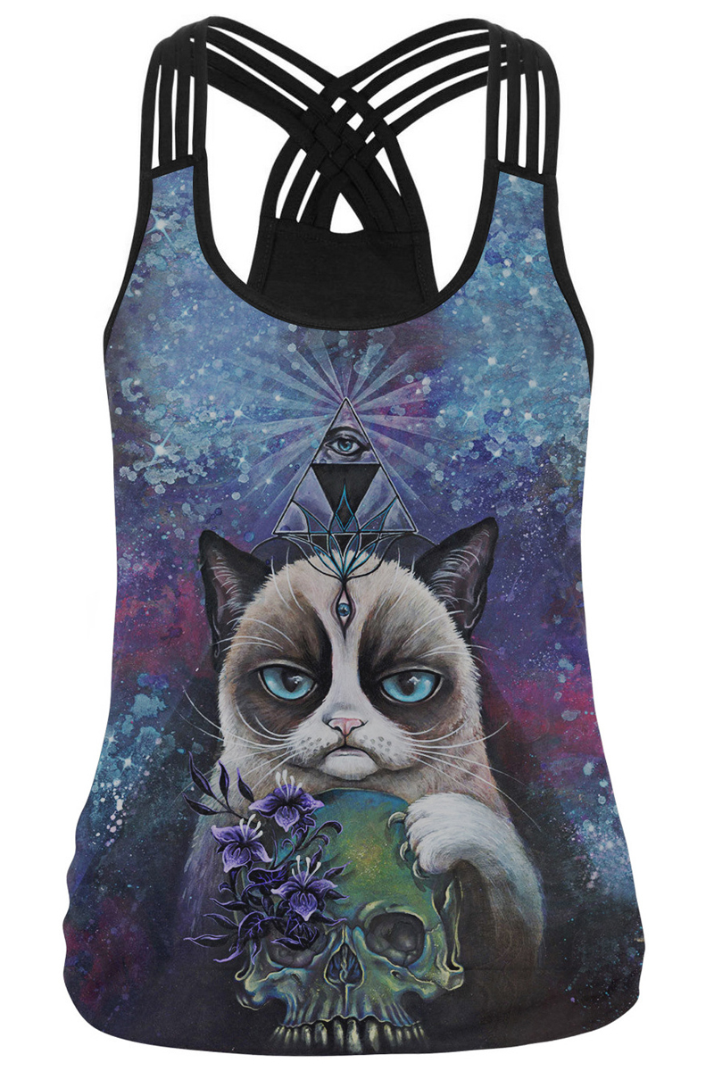 

New Trendy Multi Straps Crisscross Back Panda Print Cami Top, Purple