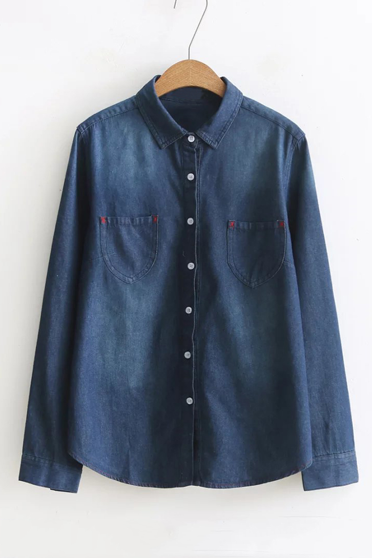 

Single Breasted Long Sleeve Lapel Plain Denim Shirt with Two Pockets, Blue