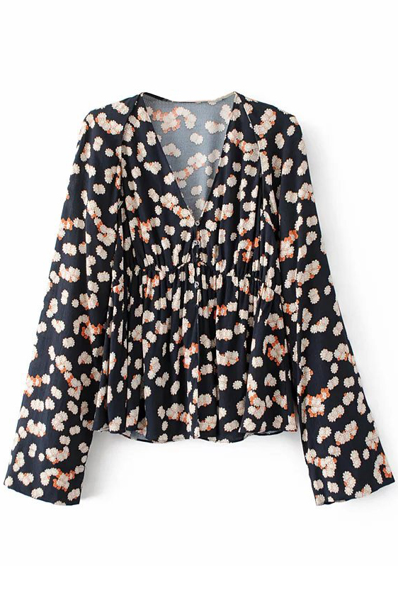 

V neck Long Sleeve Floral Printed Pullover New Fashion Blouse, Black