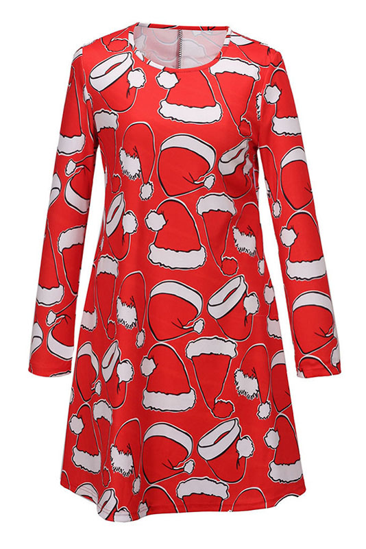 

Christmas Theme Hat Print Long Sleeve Round Neck Dress, Red