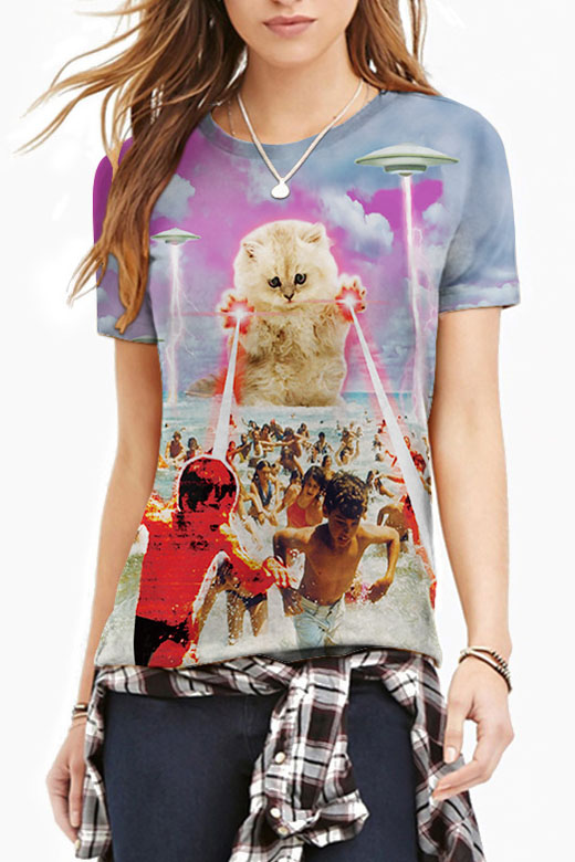 

3D Extraterrestrial Cat&People Print Round Neck Tee, Pink