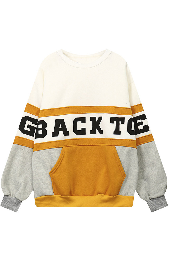 

Pullover Oversize Round Neck Long Sleeve Letter Color Block Students', Yelow