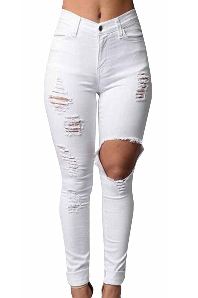 

Women Denim Stretch Jeans Skinny Ripped Distressed Pants, White