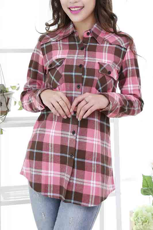 

Women's Mid-Long Style Roll-Up Sleeve Plaid Shirt, Pink