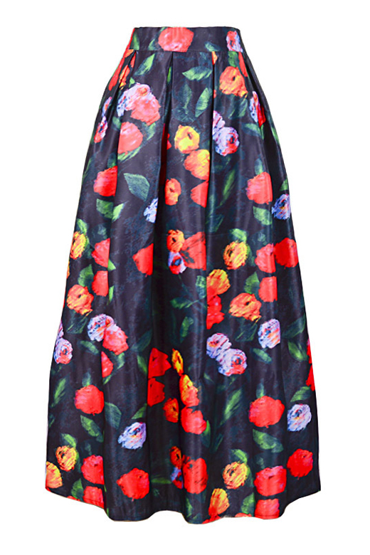 

Floral Printed OL Maxi Skirt for Women High Waist, Black