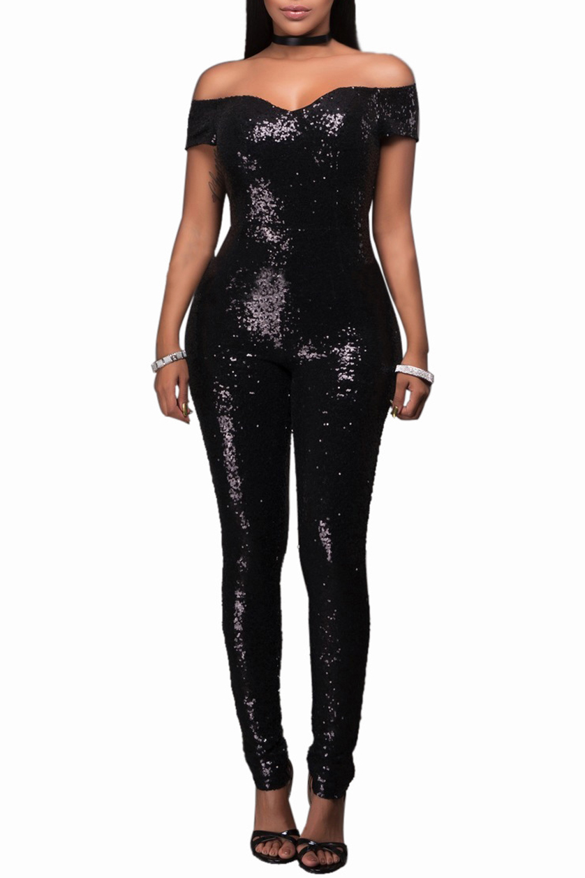 sequin off the shoulder jumpsuit