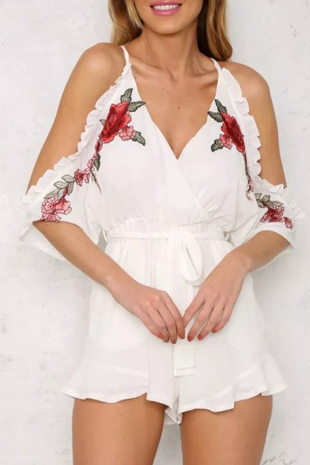 

Floral Embroidered Cold Shoulder Short Sleeve V Neck Tie Waist Rompers, White