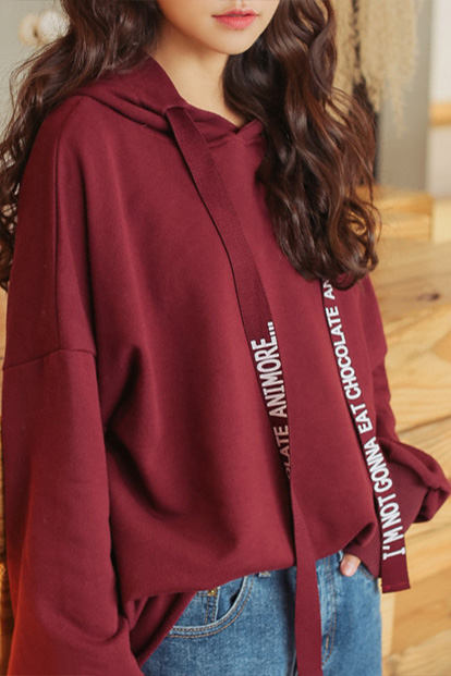 

Letter Printed Ribbons Long Sleeve Oversize Loose Hoodie, Burgundy
