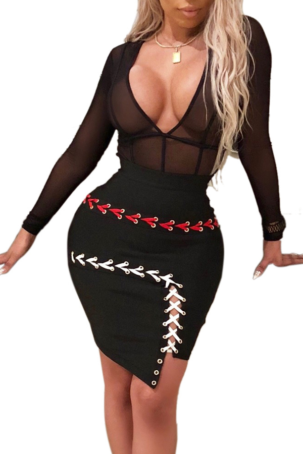 plunge neck mesh waist bodycon dress