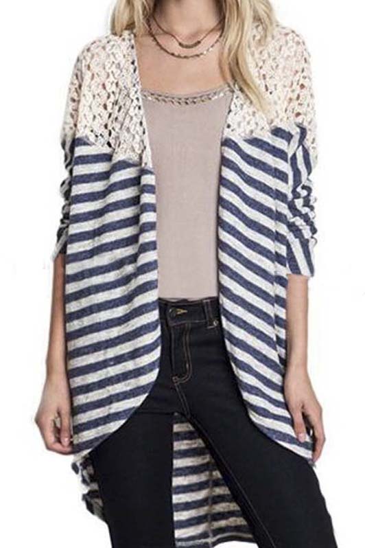 

Fashion Lace Insert Striped High and Low Open-Front Cardigan, Navy