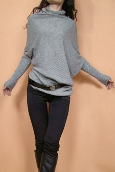 

Turtle Neck Batwing Sleeve Belt Waist Women's Casual Sweater, Gray