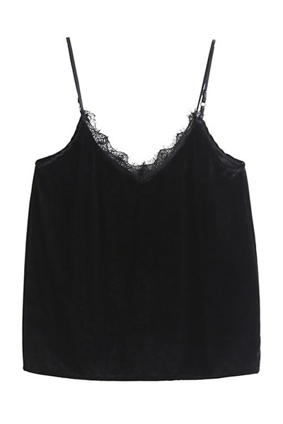 

Sexy Lace Patchwork Sleeveless Spaghetti Straps V-Neck Plain Tank Top, Black