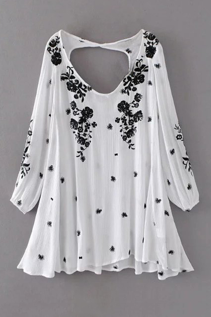 

New V Neck Open Back Long Sleeve Floral Embroidery Mini Flared Dress, White