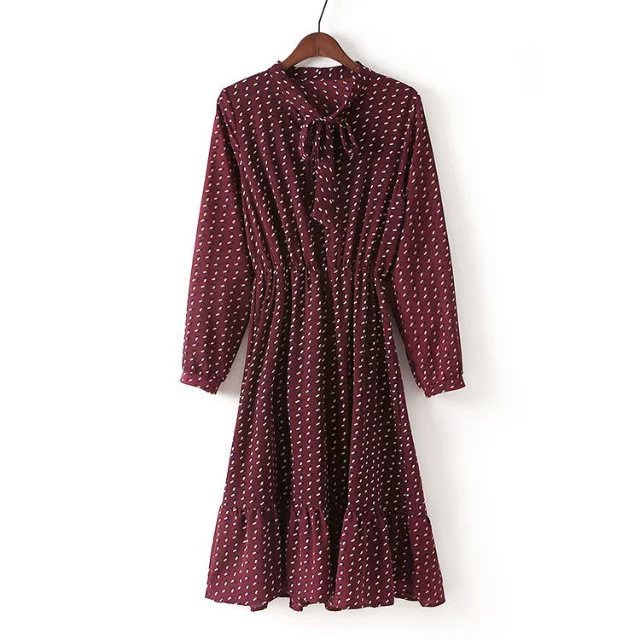 

Summer's New Arrival Bow Tie Long Sleeve Gathered Waist Fishtail Hem, Burgundy