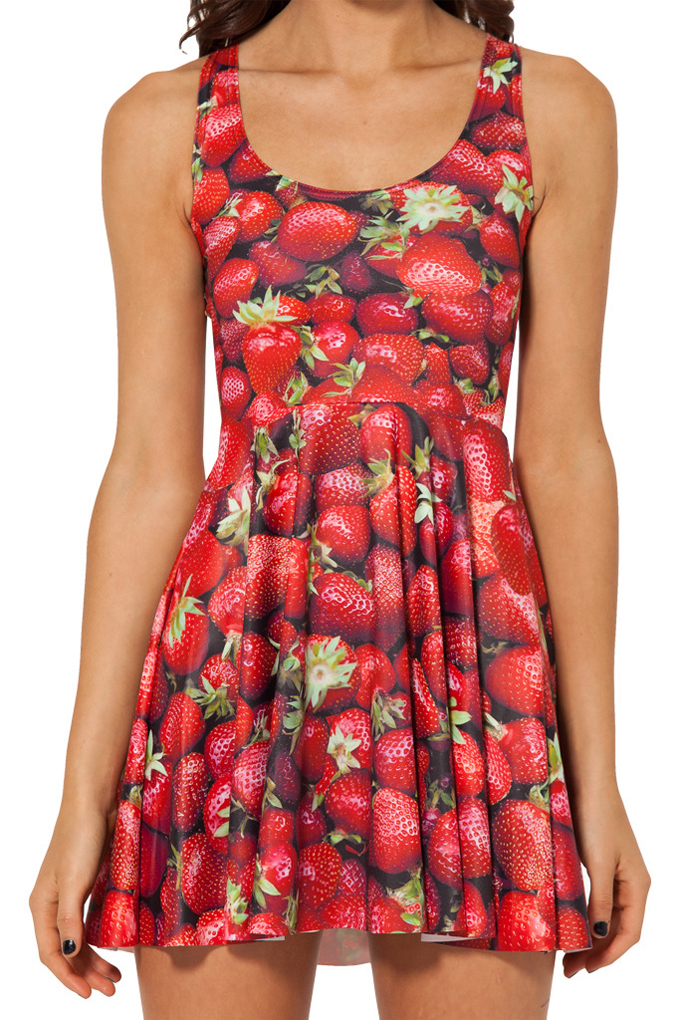 3D Strawberry Print Fresh Style A-line Tanks Dress, Red