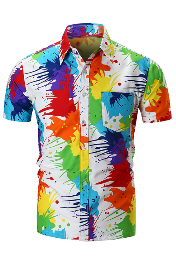 Guys Personality Colorful Paint Drip Print Short Sleeve Button Up