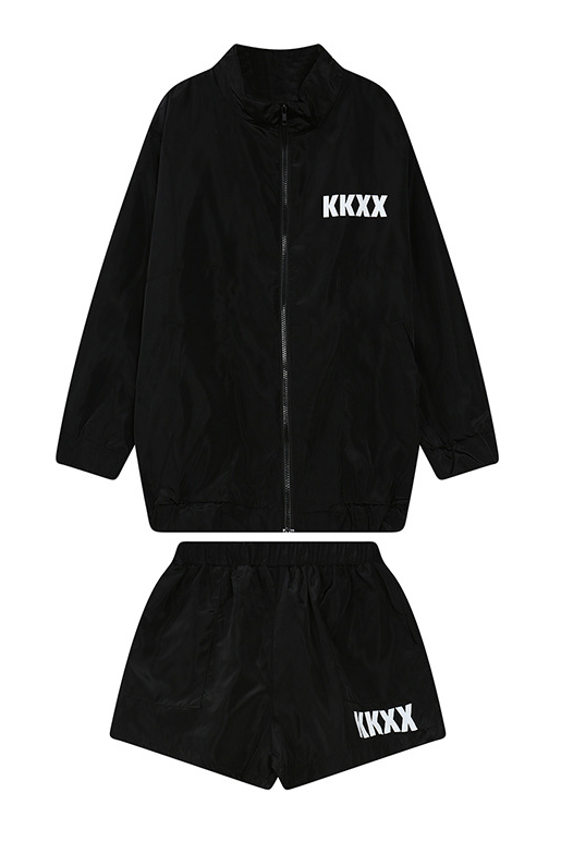 

Letter Print Long Sleeve Zip Coat with Shorts, Black