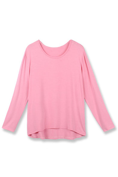 

Plain Round Neck Long Sleeve Dip Hem Pullover Tee, Orange