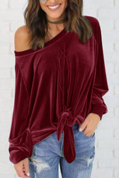 

Loose Tied Bow Hem Long Sleeve Oblique Off the Shoulder Plain Pullover, Burgundy