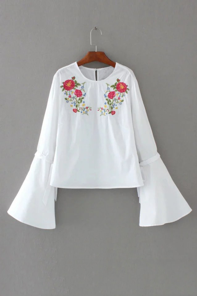 

Embroidery Floral Pattern Long Bell Sleeve Round Neck Blouse, White