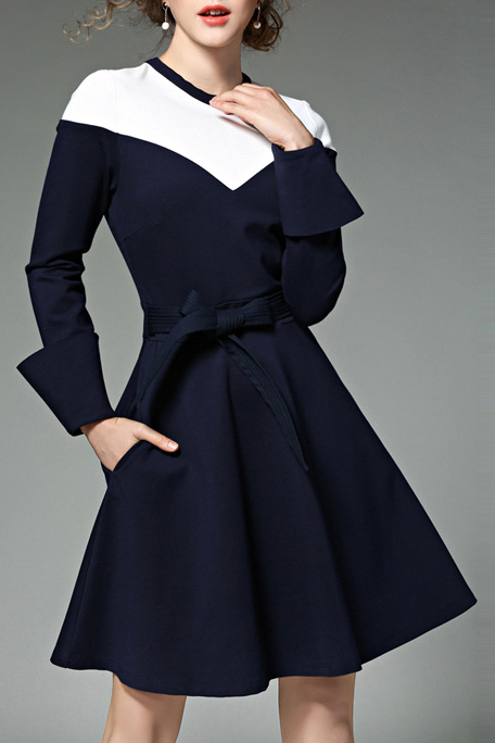 

Round Neck Long Sleeve Color Block Tie Waist Chic A-Line Midi Dress, Blue