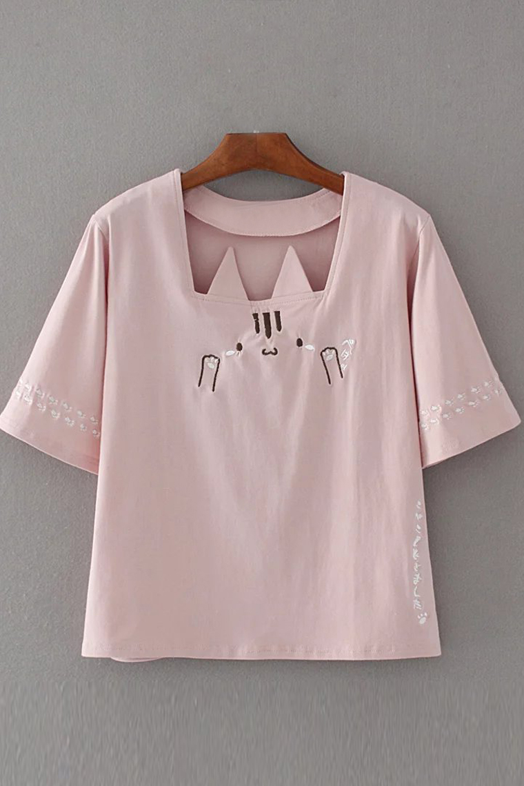 

New Arrival Square Neck Short Sleeve Lovely Cat Printed Cotton T-Shirt, Pink