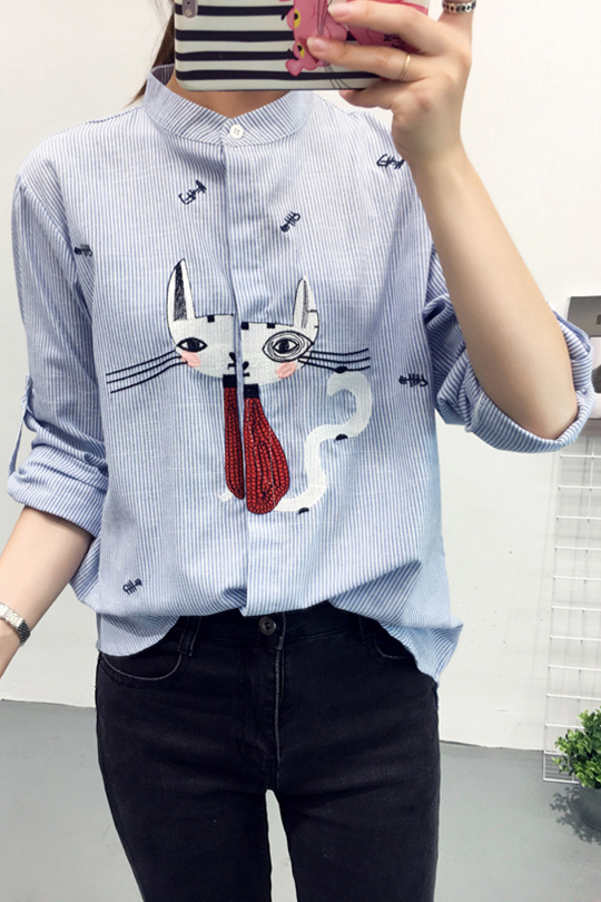 Fashion Women Cute Cartoon Cat Print Blouse Long Sleeve T Shirt Casual TopsVY