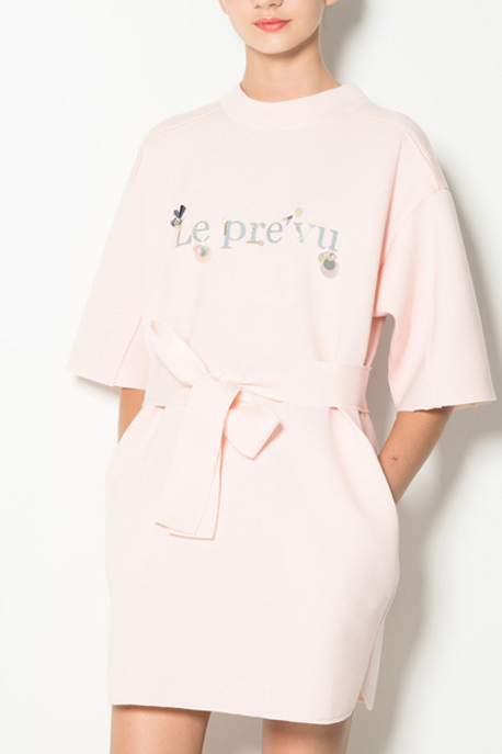 

Sweet Pearl Pink Letter Print Longline T-Shirt Dress with Sash