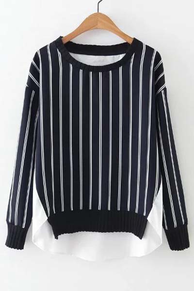 

New Arrival Chic Vertical Stripes Patchwork Round Neck Dip Hem Blouse, Black