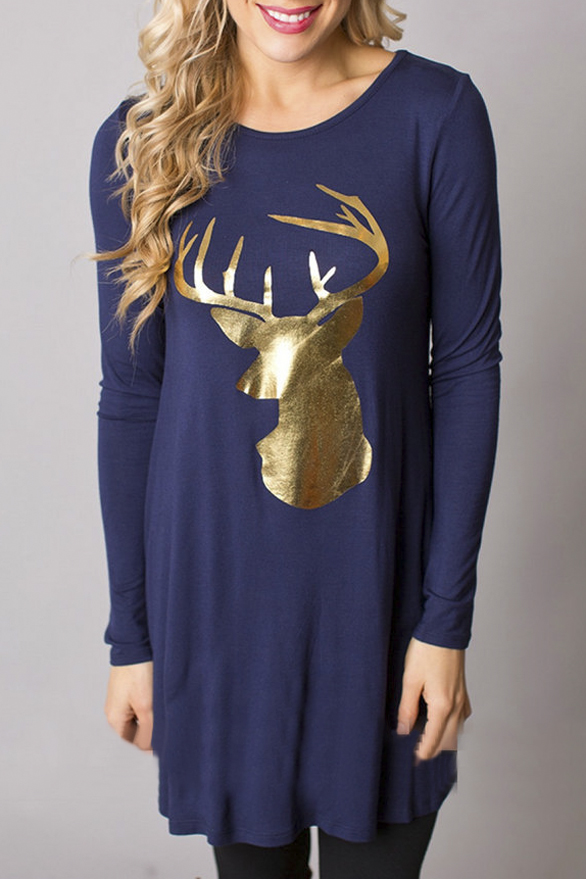 

Women Gold Deer Printed Long Sleeve Mini T-Shirt Dress, Navy