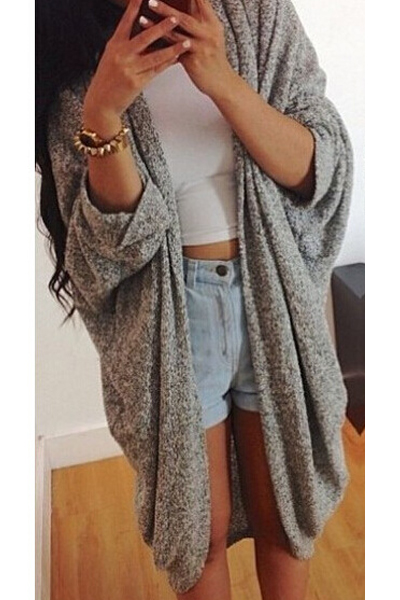 

Basic Oversize Plain Collarless Batwing Sleeve Open Front Coat, Gray