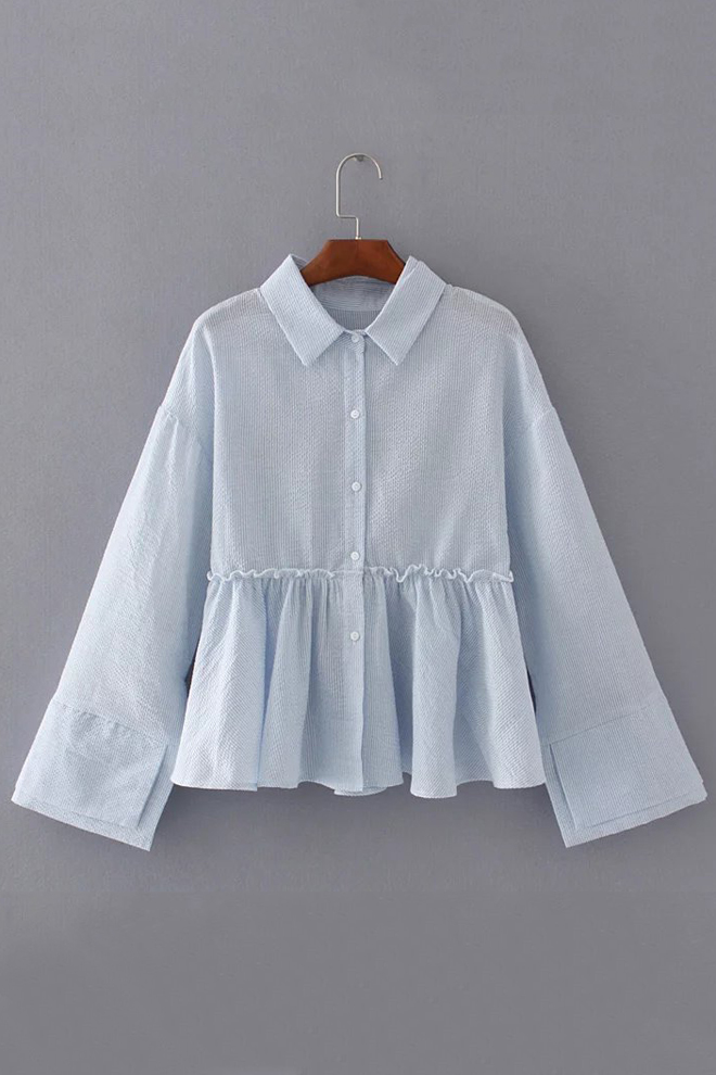 

Letter Embroidered Back Lapel Collar Long Sleeve Ruffle Hem Striped, Blue