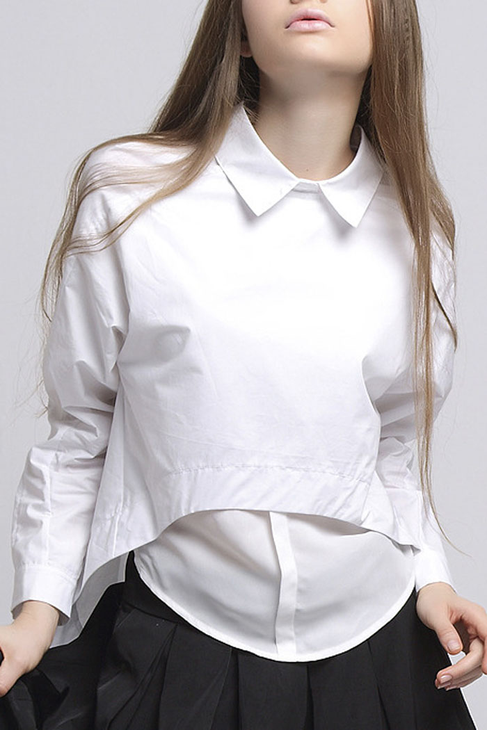 

New Design Long Sleeve Lapel Collar Zip Back Plain Cotton Pullover, White