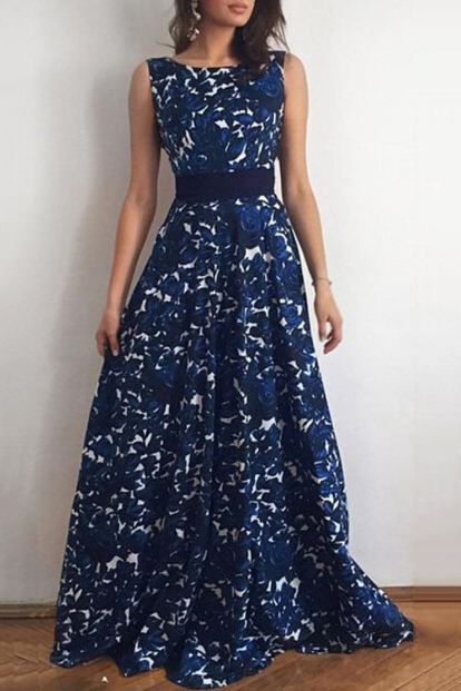 

Chic Sleeveless Floral Printed V-Back Belt Waist Maxi Party Dress, Blue