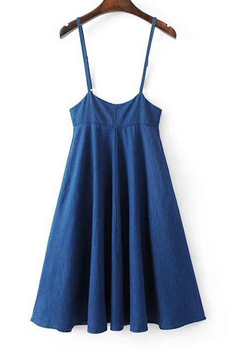 

Spaghetti Straps Zip Back Plain Denim Dress Midi A-Line Dress, Blue