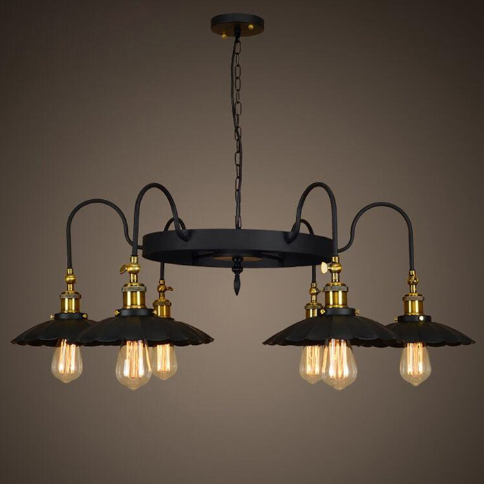 

6 Light 1 Tier Large Black Industrial Chandelier with Coolie Shade