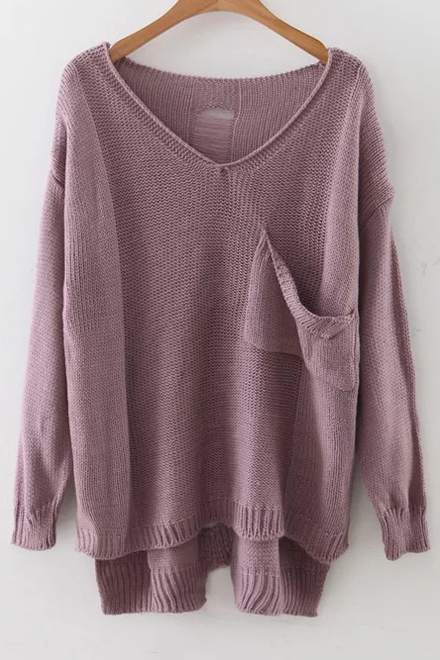 

Casual V-neck Drop Sleeve Pocket Front Dip Hem Sweater with Hollow, Purple