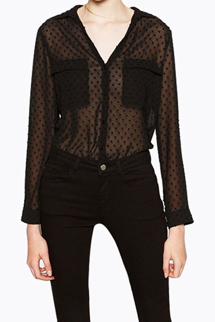 

Fashion Polka Dot Long Sleeve V-Neck Women's Sexy Sheer Top, Black