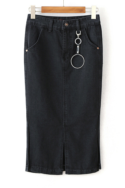 

New Stylish Plain Split Front Midi Bodycon Denim Skirt Embellished, Black