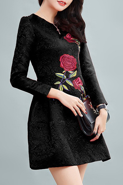 

Elegant Embroidery Floral Pattern Long Sleeve Mini A-Line Dress, Black