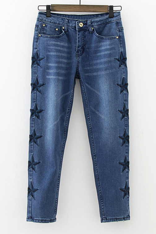 

Embroidery Star Pattern Mid Waist Ankle Length Pencil Jeans, Blue