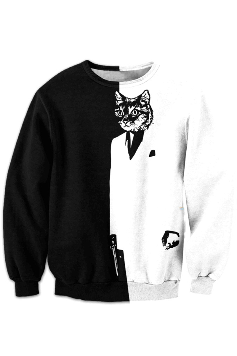 

Color Block Cartoon Cat Printed Round Neck Long Sleeve Fashion, Black