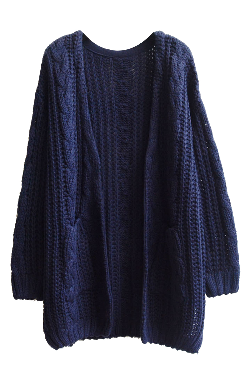 

Plain V-Neck Double Pocket Open Front Cable Knit Long Sleeve Cardigan, Khaki